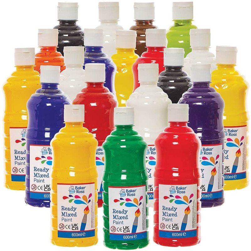Ready Mixed Poster Paints Classpack 600ml (Box of 20) 12 assorted colours - Red, Blue, Green, Light Green, Yellow, Bright Yellow, Brown, Purple, Crimson Red, Orange, Black & White
