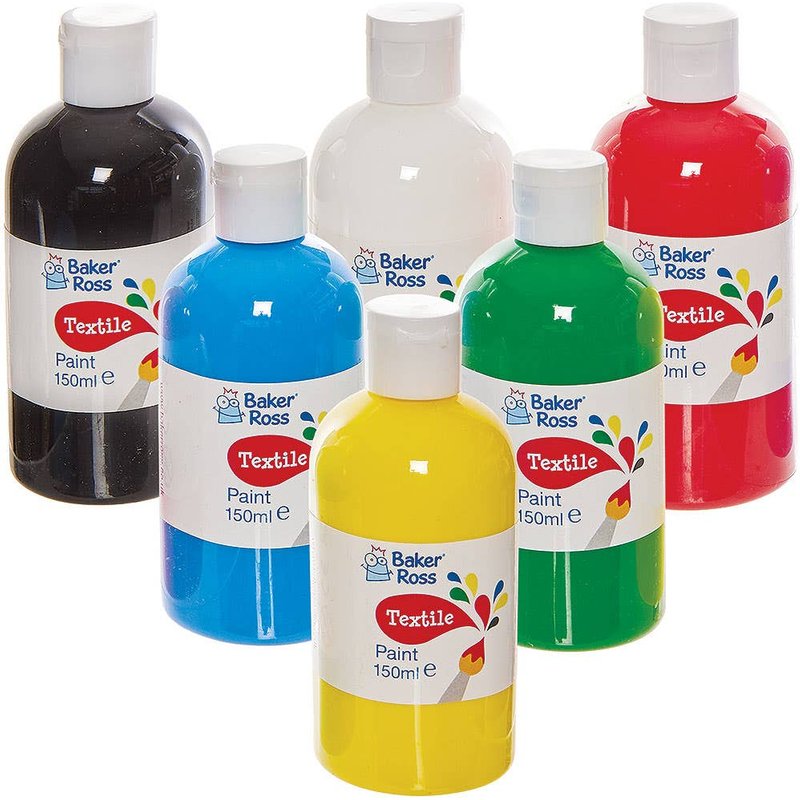 Textile Paint Pack 150ml (Box of 6) 6 assorted colours - Red, Blue, Green, Yellow, White & Black