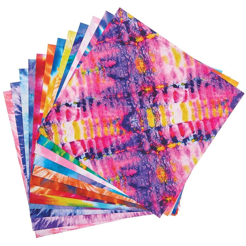 Tie Dye Printed Paper 120gsm (Pack of 48) 12 Assorted Tie Dye Designs, 203mm x 203mm, Paper Crafts