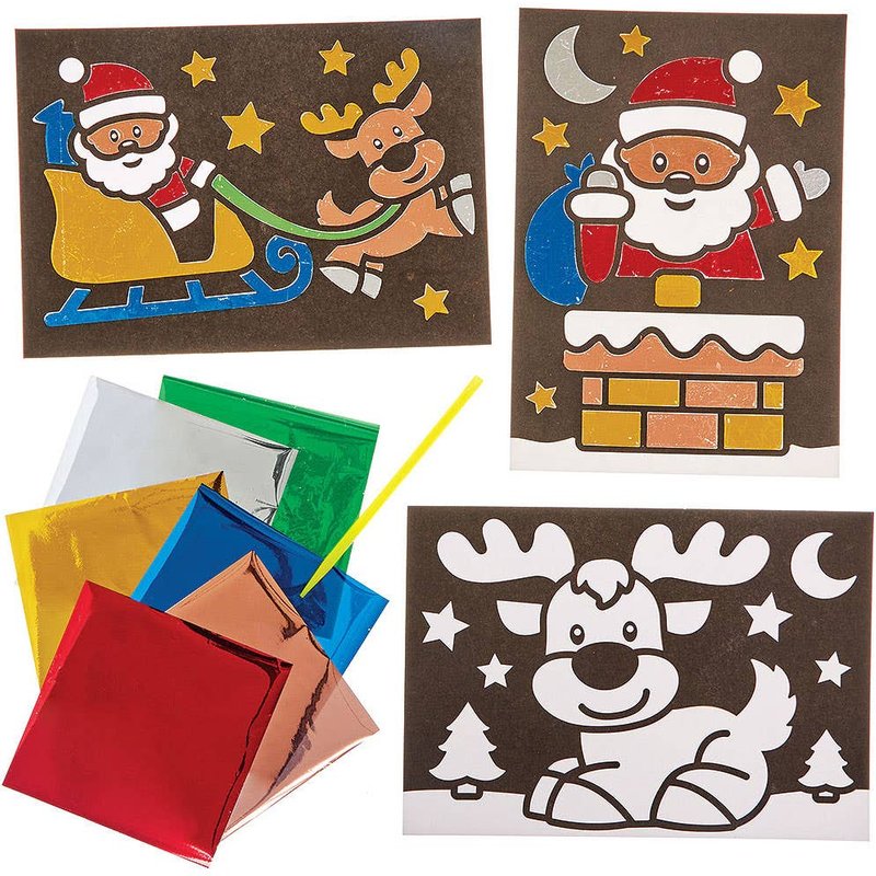 Christmas Scenes Foil Art Pictures (Pack of 10) Christmas Arts & Crafts, 8 Assorted Designs, No Glue Required