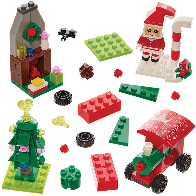 Christmas Mini Building Brick Kits (Pack of 4) Stocking Filler Toys For Kids, 4 Assorted Designs, Finished Size 6cm