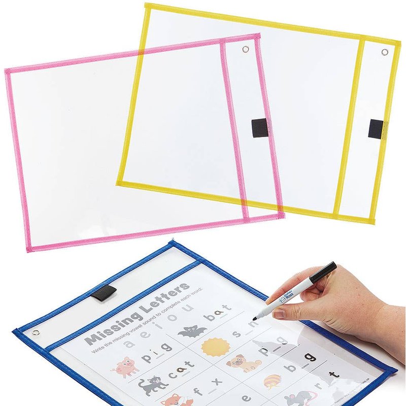 Reusable Dry Erase A4 Pockets (Pack of 6) 6 assorted colours - Red, Yellow, Blue, Green, Pink & Orange