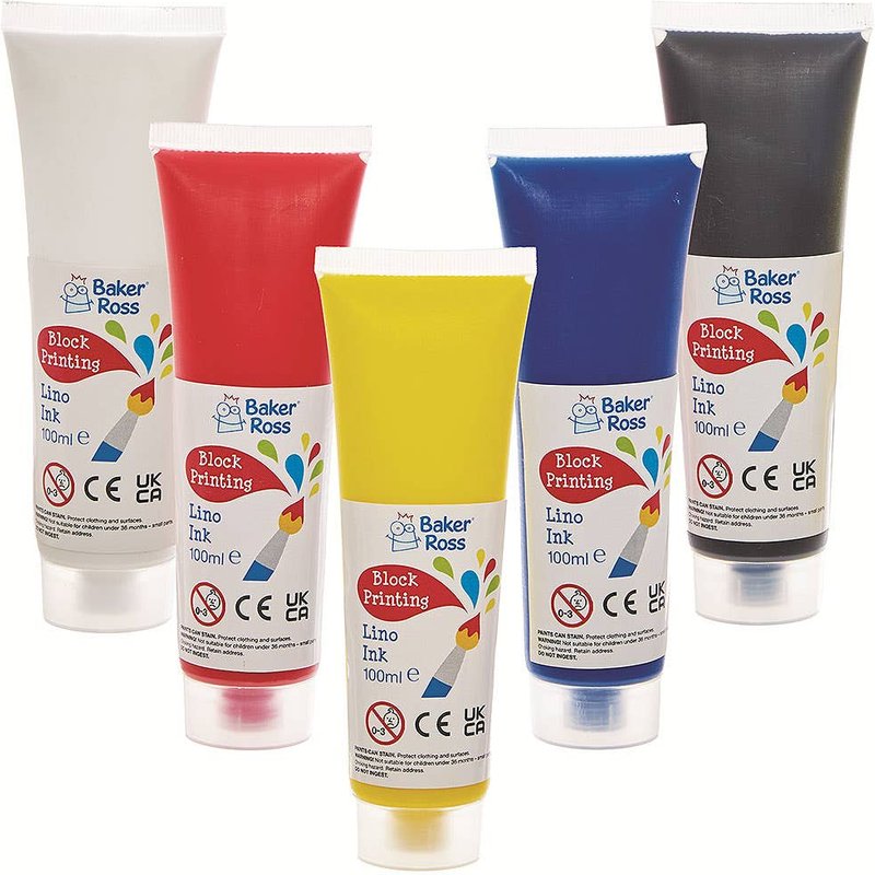 Lino Block Printing Ink Set 100ml (Pack of 5) 5 colours - Red, Yellow, Blue, Black & White