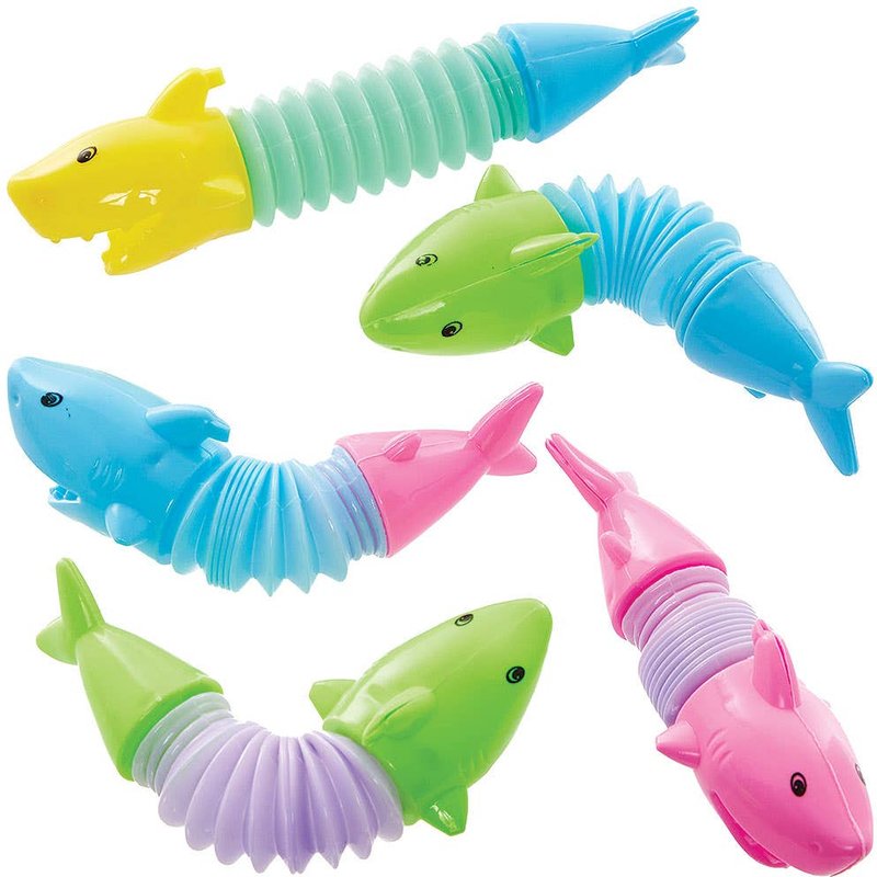 Shark Pop Tubes (Pack of 10) 5 assorted colours - Pink, Yellow, Blue, Green & Purple