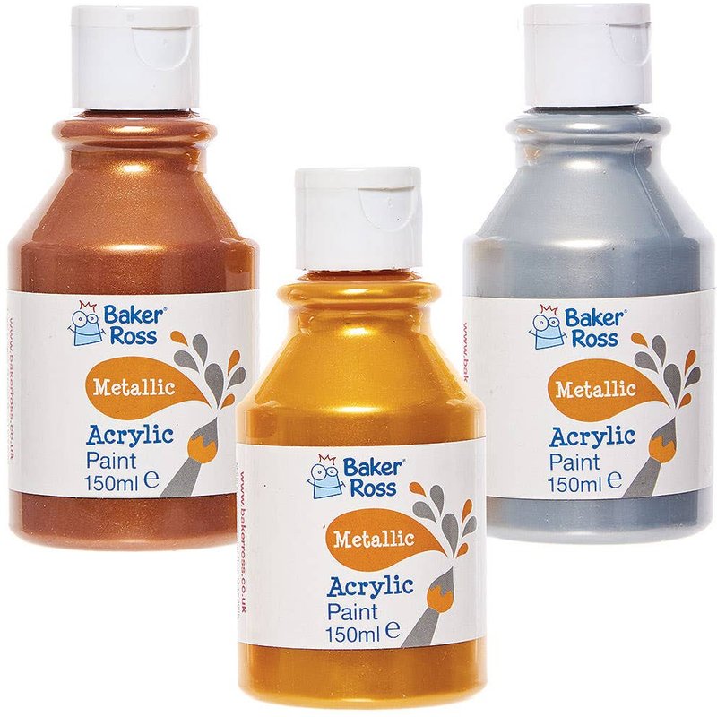 Metallic Acrylic Paint Pack 150ml (Pack of 6) 3 assorted colours - Gold, Silver & Copper