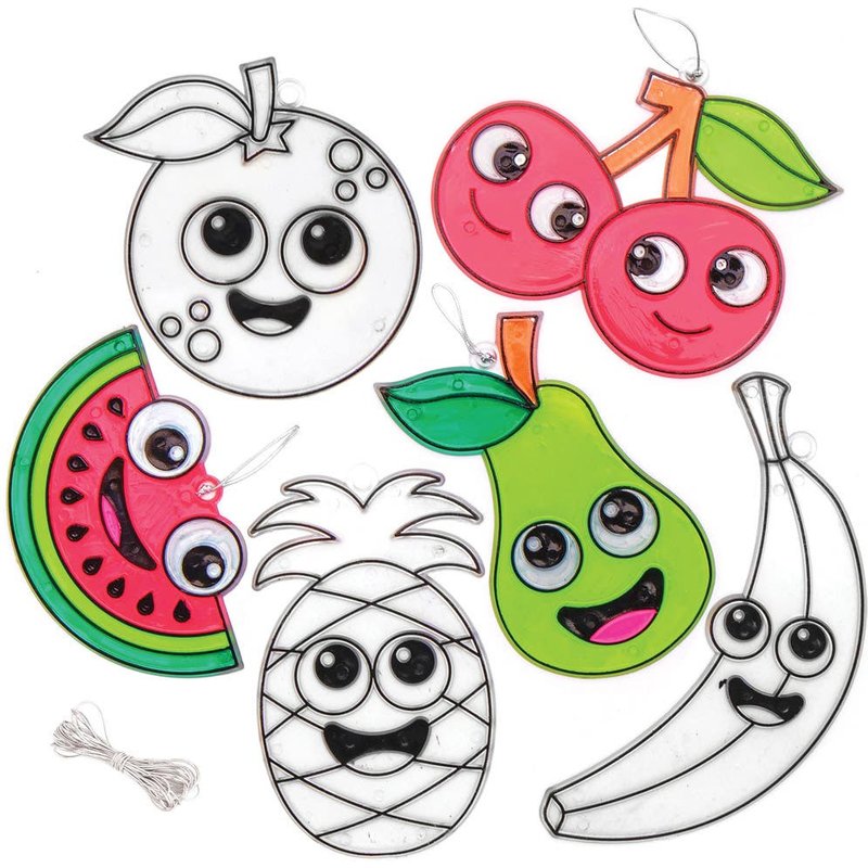 Acrylic Fruit Suncatchers (Pack of 10) Decoration Craft Kits, Colour & Hang, 10 Assorted Designs - Apple, Banana & More