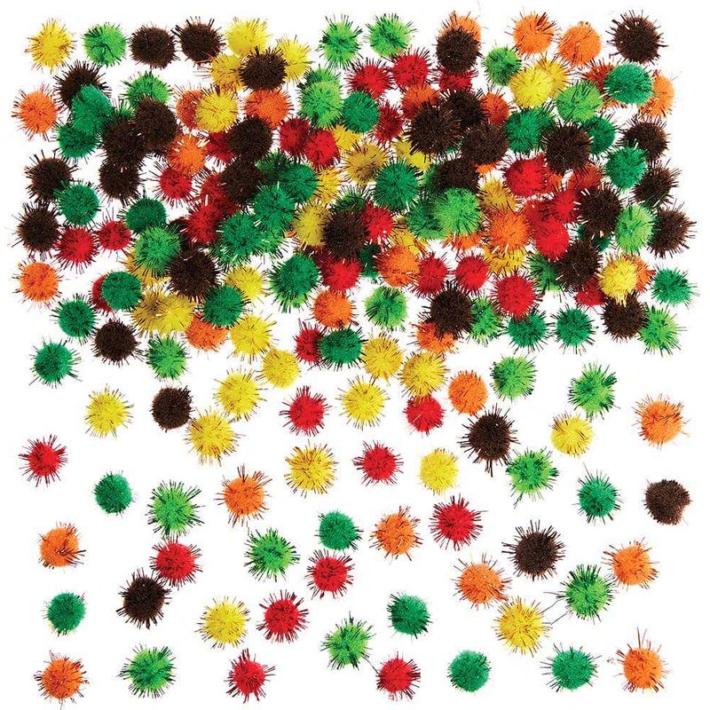 Autumn Self-Adhesive Glitter Pom Poms (Pack of 200) Craft Embellishments 6 assorted colours - Orange, Brown, Yellow, Green, Red & Dark Green