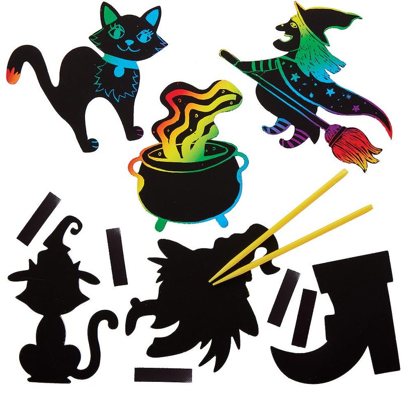 Witch Scratch Art Magnets (Pack of 12) Rainbow, Great For Kids, Range Of Designs, Tools Included