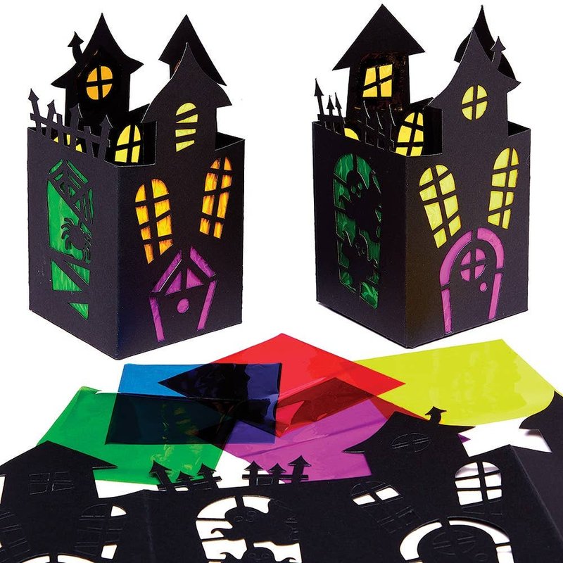 Haunted House Stained Glass Lantern Craft Kits (Pack of 4) Halloween Crafts, 6 Cellophane Colours