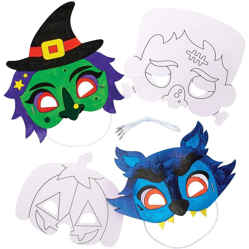 Halloween Colour-in Masks (Pack of 8) Halloween Crafts For Kids, 8 Assorted Designs, Elastic Cord Included