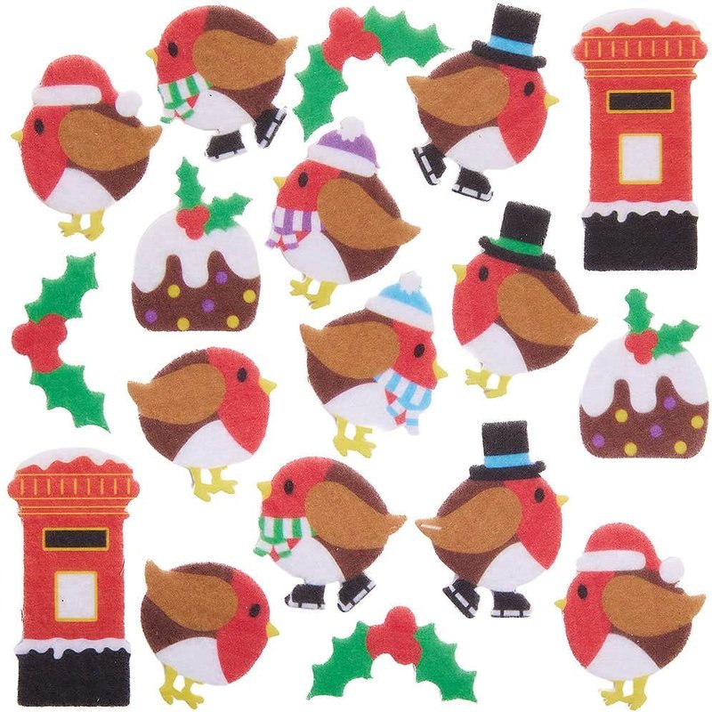 Christmas Robin Felt Stickers (Pack of 100) 10 Assorted Designs, Self-Adhesive Felt, 35mm-60mm Size