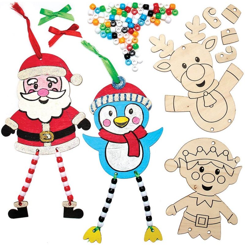 Christmas Dangly Leg Wooden Decoration Kits (Pack of 5) Christmas Crafts 6 assorted bead colours - Red, Brown, Yellow, Blue, Purple & Green
