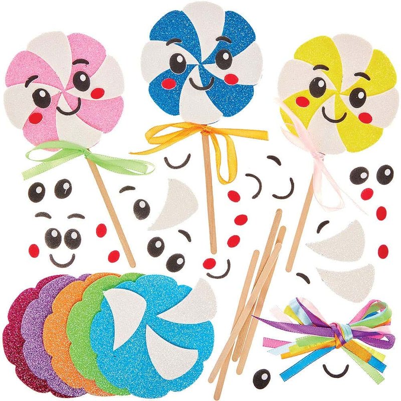 Rainbow Lollipop Decoration Kits (Pack of 8) Self-Adhesive Foam Pieces & Ribbon, 8 Assorted Colours, Height 15cm