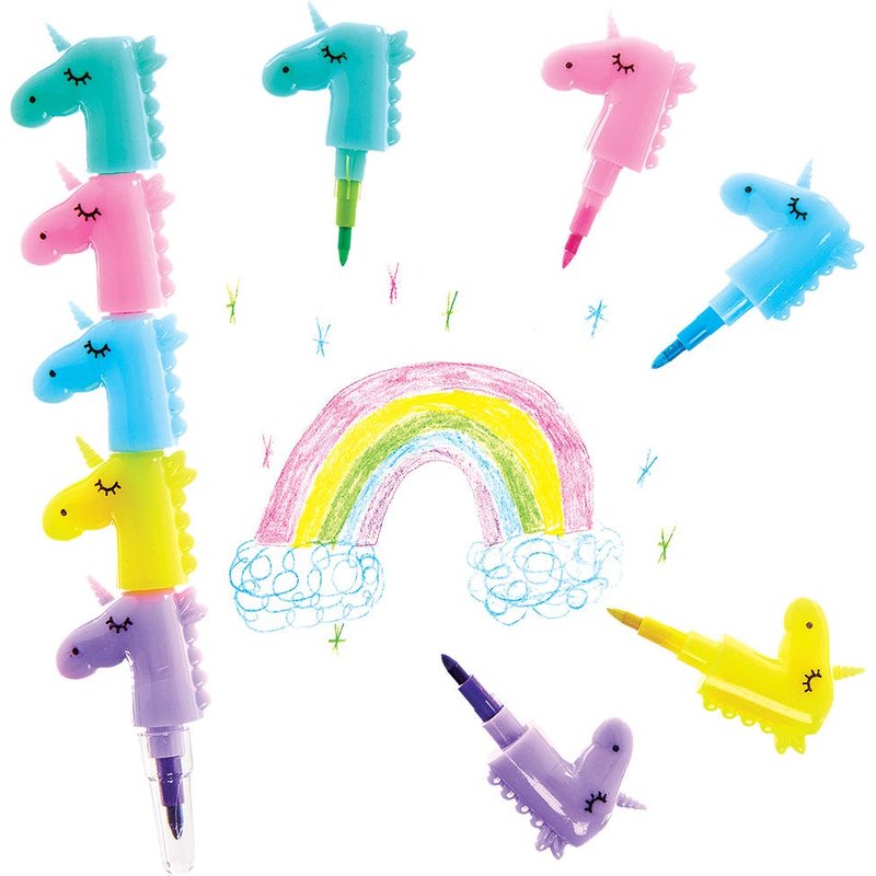 Unicorn Pop-a-Crayons (Pack of 6) Drawing 5 assorted colours - Purple, Pink, Blue, Green & Yellow
