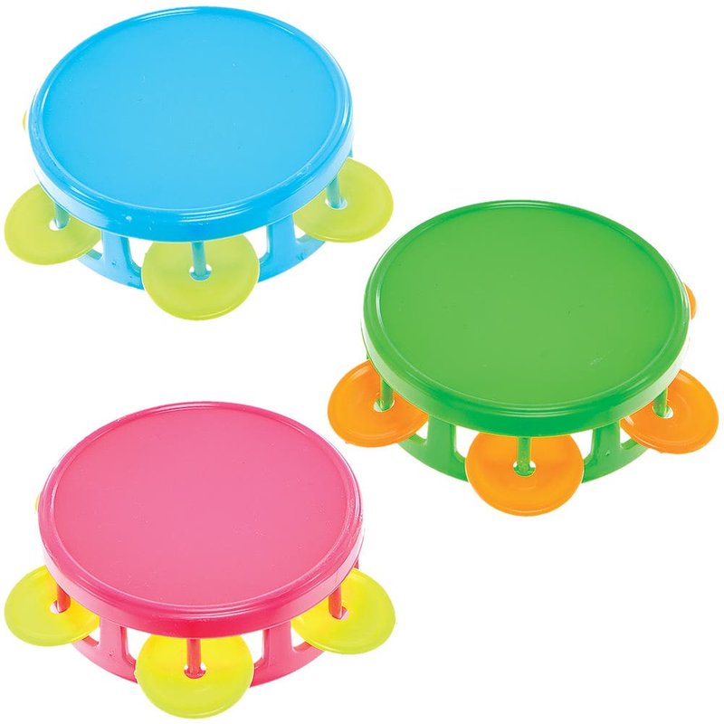 Mini Toy Tambourines (Pack of 6) Pocket Money Toys 3 assorted colourways - Pink/Yellow, Green/Orange & Blue/Yellow