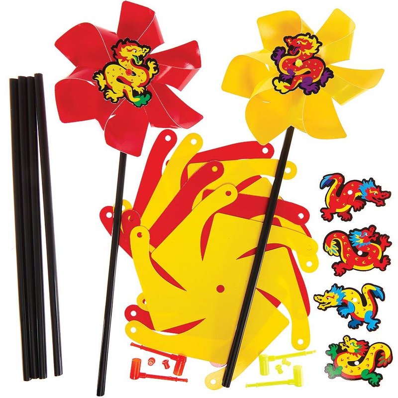 Chinese New Year Windmill Kits (Pack of 6) Craft Kits For Kids, 6 Assorted Designs, Yellow & Red, No Glue Required