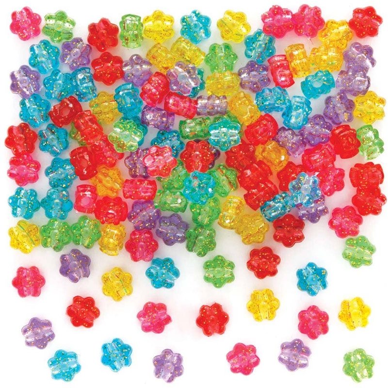 Glitter Flower Pony Beads (Pack of 300) Craft Embellishments 6 assorted colours - Red, Pink, Yellow, Lime Green, Blue & Purple