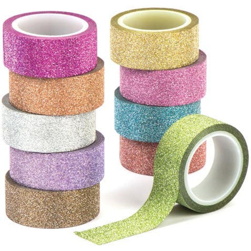 Glitter Washi Tape (Pack of 10) Each Reel 3m x 15mm, 10 Assorted Colours, Easy Cut, Self-Adhesive