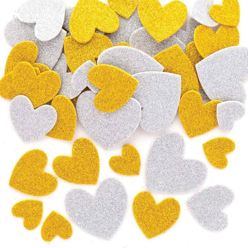 Gold & Silver Glitter Heart Foam Stickers (Pack of 150) Stickers 2 Colours - Gold & Silver