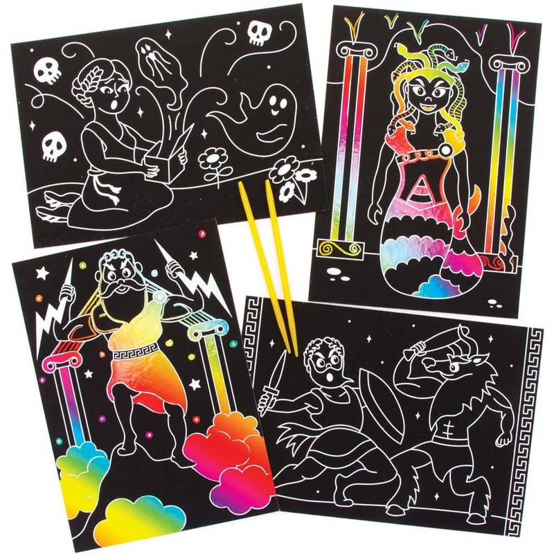 Greek Scratch Art Pictures (Pack of 8) Range Of Designs, Decorate & Personalise, Rainbow Colours