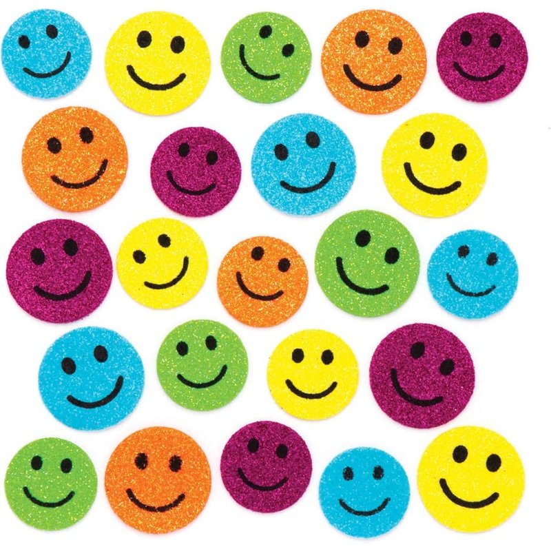 Happy Face Glitter Foam Stickers (Pack of 100) Stickers 5 assorted colours - Blue, Yellow, Orange, Green & Pink
