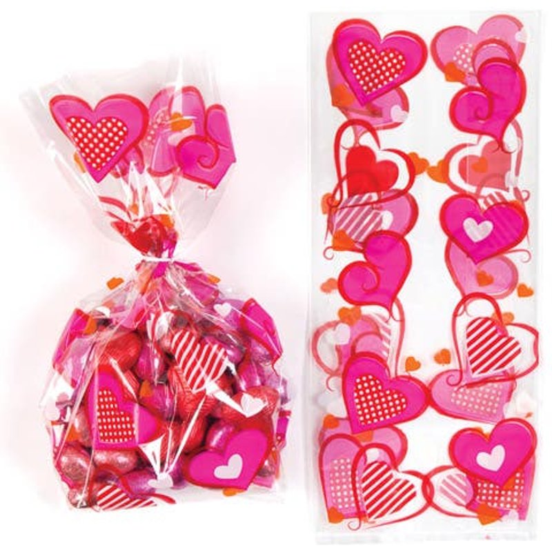 Heart Cellophane Bags (Pack of 20) Party Bags, Twist Ties Included, Size Approx. 29cm x 12.5cm x 8cm