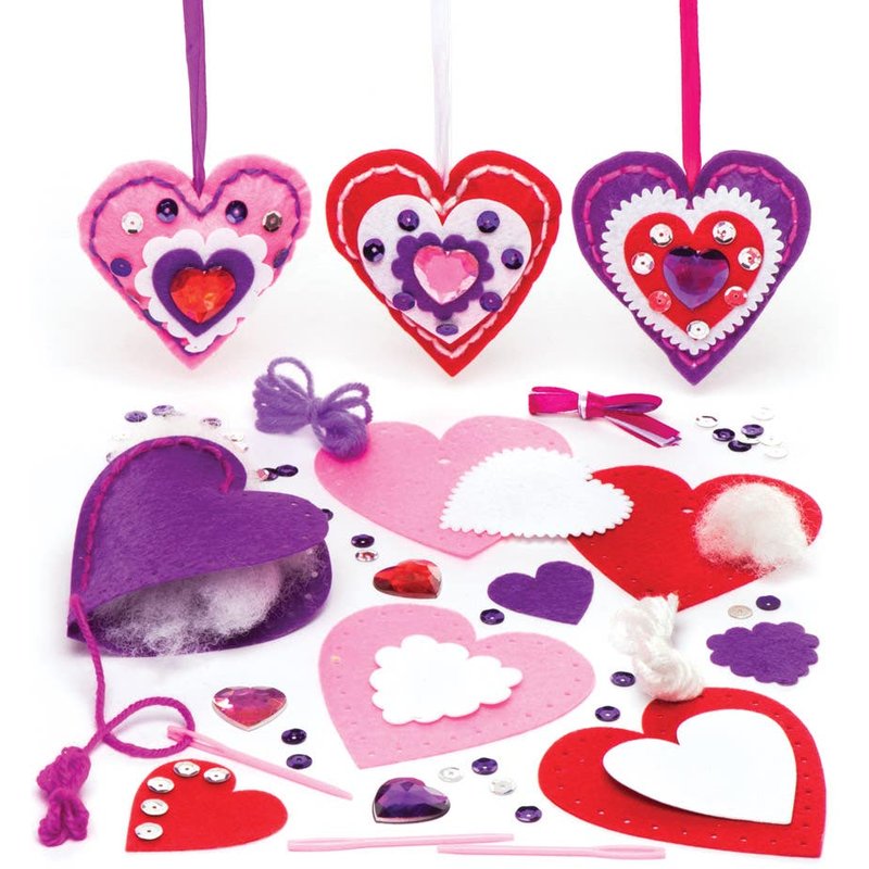 Heart Sewing Decoration Kits (Pack of 3) Sewing & Weaving Craft Kits 3 assorted colours - Red, Pink & Purple