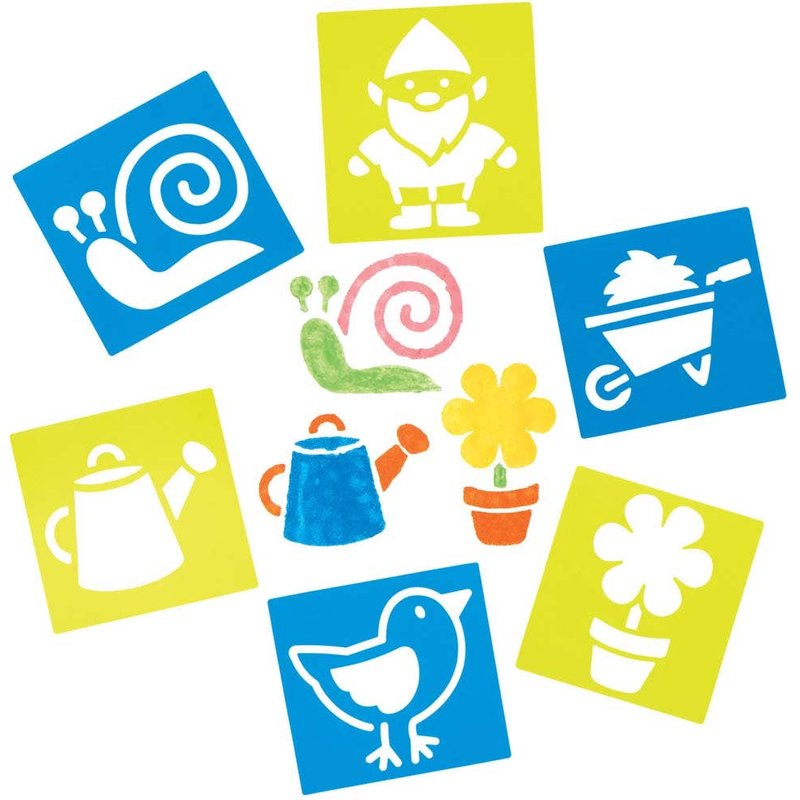 In the Garden Stencils (Pack of 8) Art Supplies, Art Materials 2 stencil colours - Blue & Green