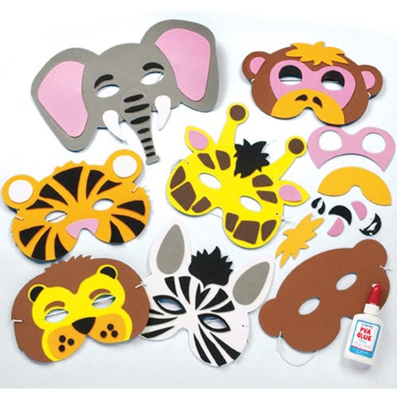 Jungle Animal Foam Mask Kits (Pack of 6) 6 Assorted Designs Including Lion, Monkey, Giraffe & More