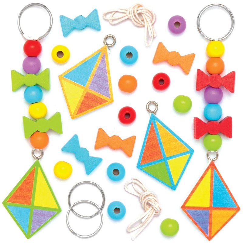 Kite Wooden Keyring & Bag Dangler Kits (Pack of 4) Craft Kits For Kids 6 assorted bead colours - Red, Orange, Green, Blue, Purple & Yellow