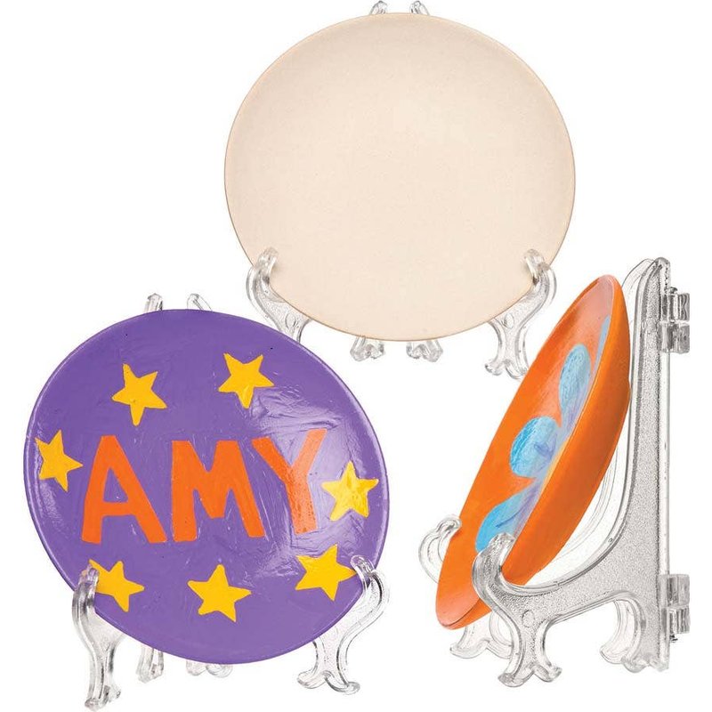 Mini Ceramic Plates & Stands (Pack of 4) Paint Your Own, Size 9.5cm, Plastic Stand Included