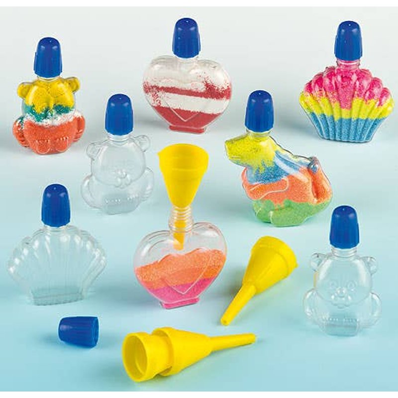 Mini Shaped Sand Art Bottles (Pack of 8) 4 Assorted Designs, Bottle Height 7cm, 2 Mini Funnels Included, Art Craft Kits
