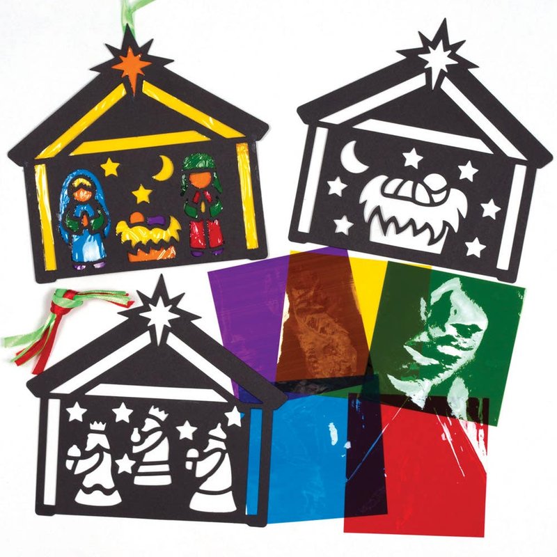Nativity Stained Glass Effect Decoration Kits (Pack of 6) Christmas Crafts 6 assorted cellophane colours - Purple, Green, Red, Yellow, Blue & Orange