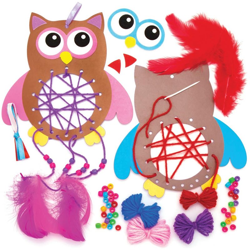 Owl Dreamcatcher Kits (Pack of 4) Decoration Craft Kits 4 colourways - Orange/Blue, Pink/Purple, Green/Pink & Blue/Red