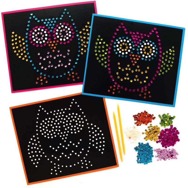 Owl Sequin Picture Kits (Pack of 4) Craft Kits For Kids 7 sequin colours - Purple, Yellow, Orange, Pink, Blue, Green & White