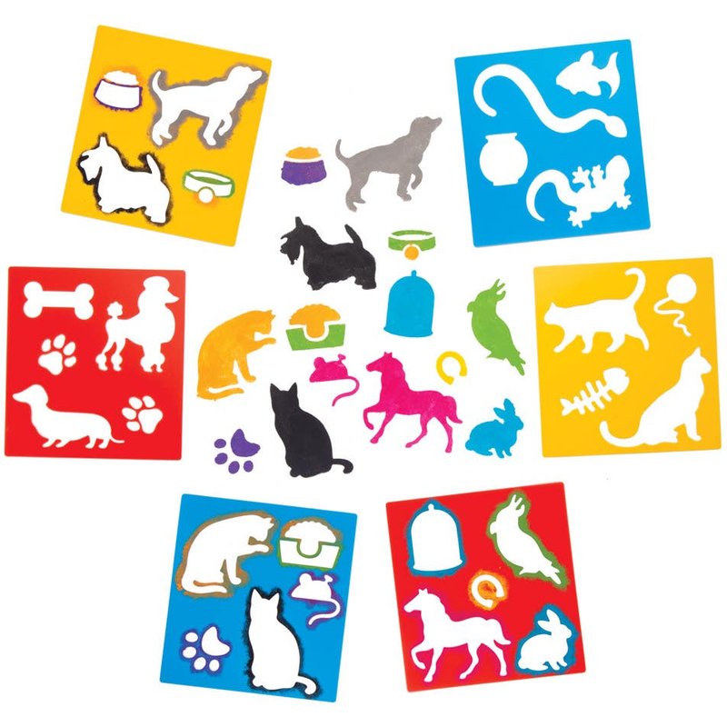 Pets Stencils (Pack of 6) Art Supplies, Art Materials 3 stencil colours - Red, Blue & Yellow