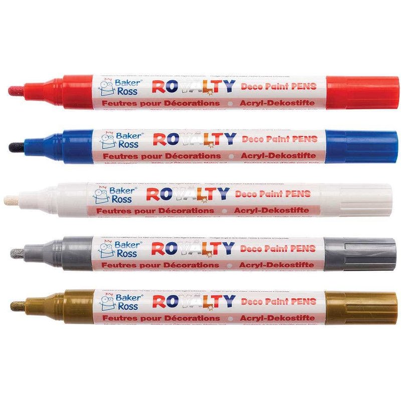 Value Deco Paint Pens (Pack of 5) Art Supplies, Art Materials 5 assorted colours - Red, White, Royal Blue, Gold & Silver