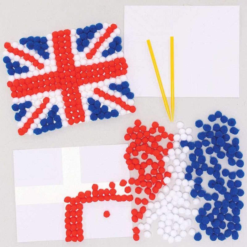 Union Jack Pom Pom Art Kits (Pack of 3) Red, White & Blue Pom Poms, Self-Adhesive Card, Crafts For Kids