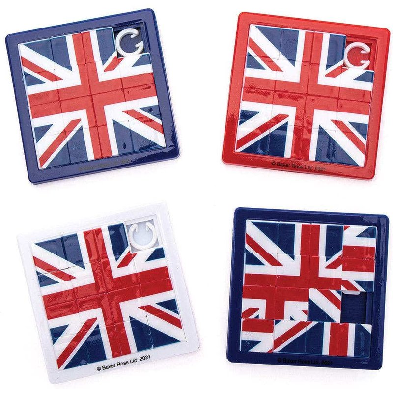 Union Jack Sliding Puzzles (Pack of 6) Party Bag Fillers, Small Prizes, 3 Assorted Base Colours