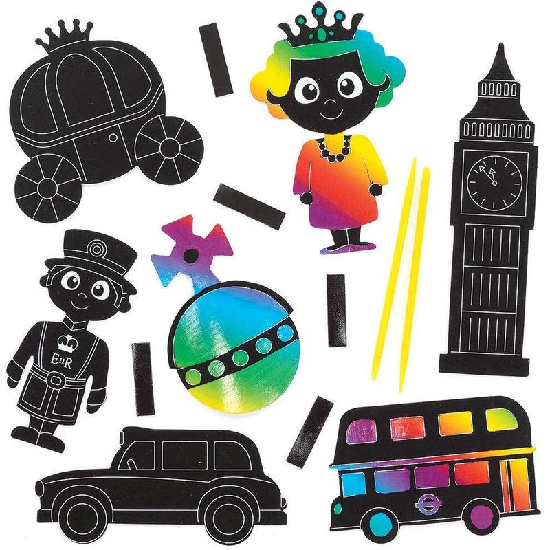 London Scratch Art Magnets (Pack of 12) Rainbow, Great For Kids, Range Of Designs, Tools Included