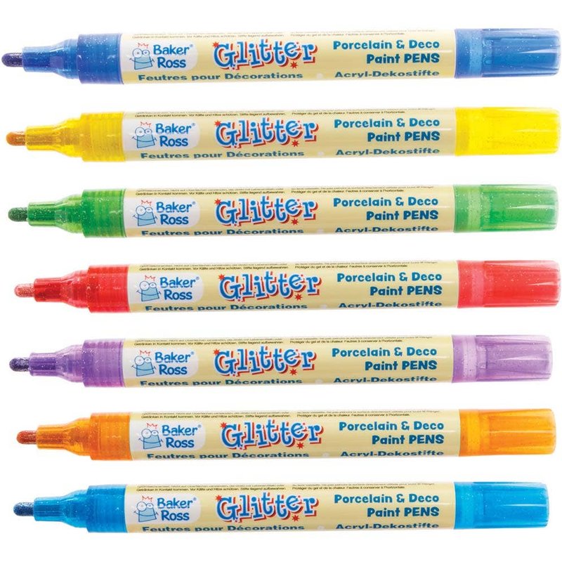 Rainbow Glitter Porcelain & Deco Paint Pens (Pack of 7) Broad Tip, Water-Based Acrylic Paint, Multi-Surface, 7 Glitter Colours