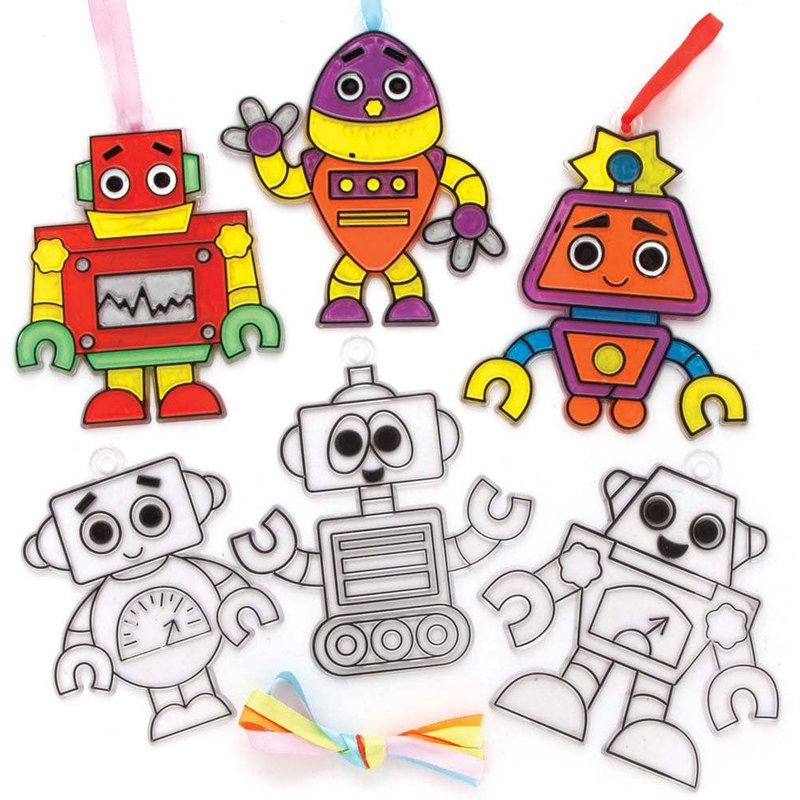 Robot Suncatchers (Pack of 10) Decoration Craft Kits 5 ribbon colours - Red, Orange, Purple, Green & Blue