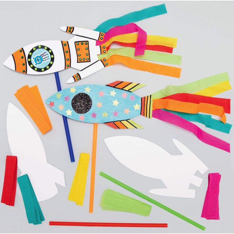 Rocket Wand Kits (Pack of 8) 6 Assorted Coloured Streamers & 4 Coloured Sticks, Decorate & Personalise