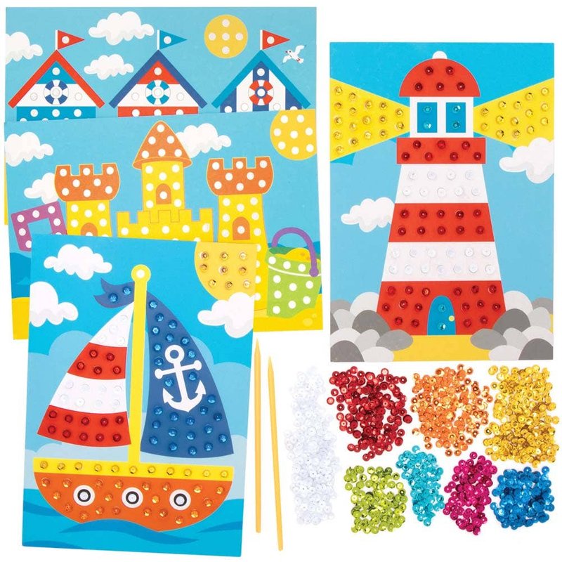 Seaside Sequin Picture Kits (Pack of 4) Craft Kits For Kids 8 sequin colours - Red, Light Blue, White, Yellow, Blue, Orange, Pink & Green