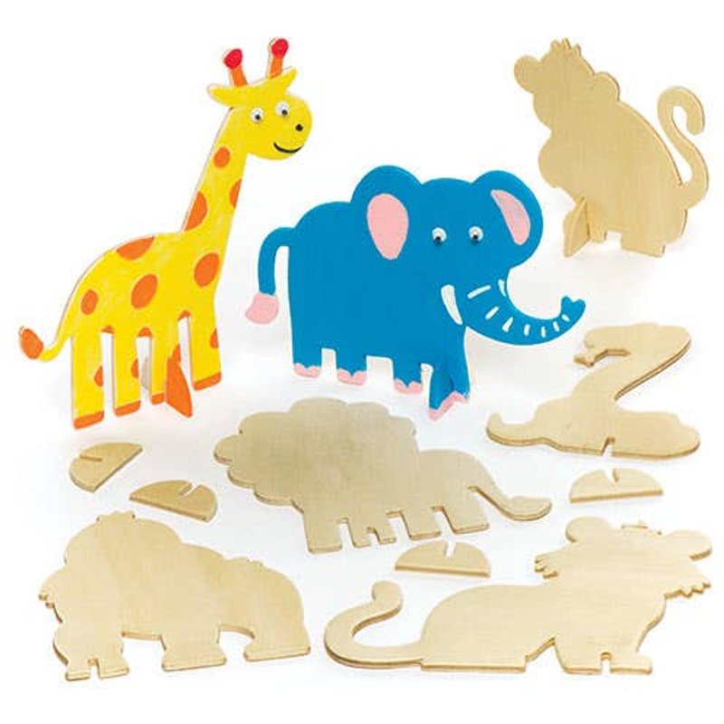 Stand-up Wooden Jungle Animals (Pack of 10) Decoration Craft Kits, 10 Assorted Designs, Sizes 7.5cm-14cm