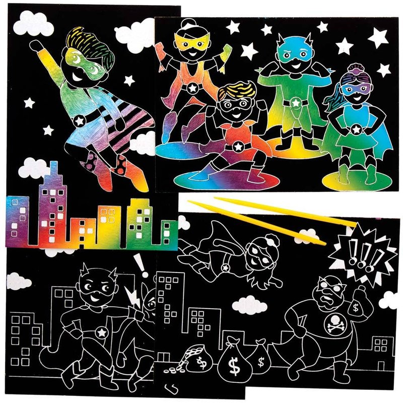 Star Hero Scratch Art Pictures (Pack of 8) Rainbow Coloured, Fun Activity For Kids