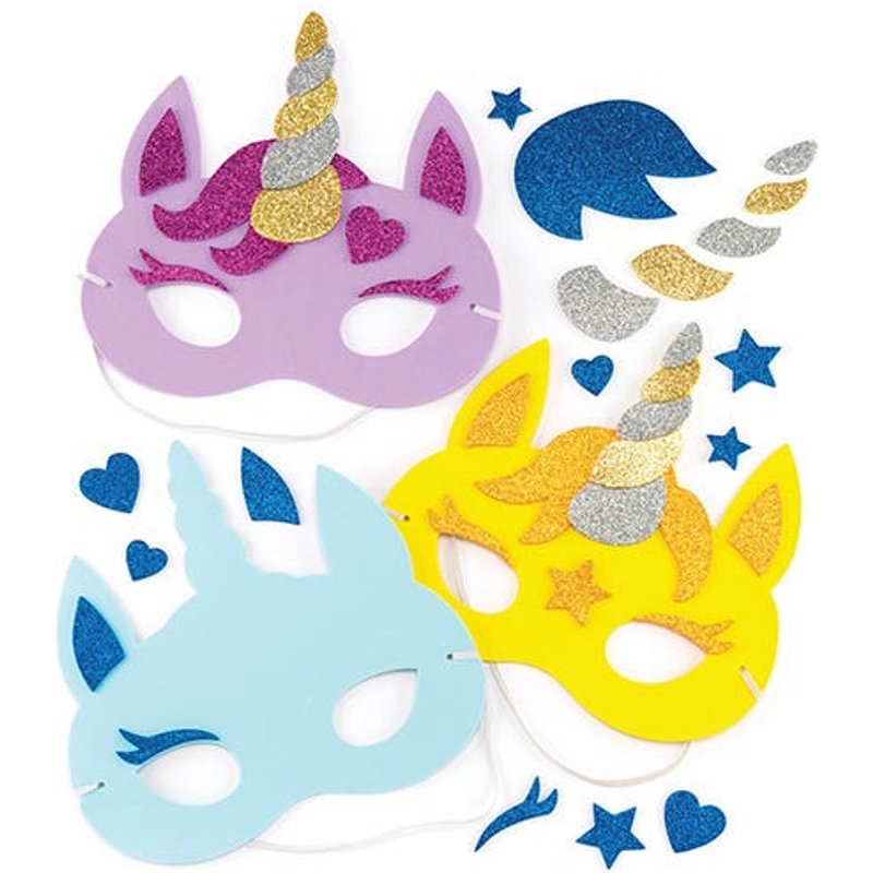 Unicorn Mask Kits (Pack of 4) Foam Craft Kit With Glitter Decorations, 4 Assorted Colours, Elastic Cord Included