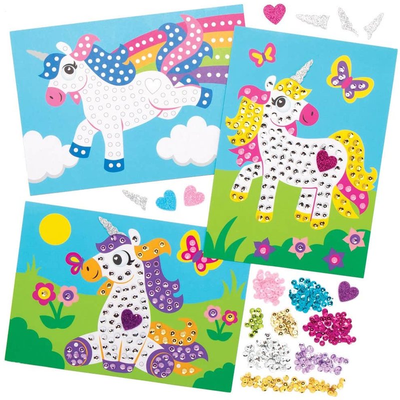 Unicorn Sequin Picture Kits (Pack of 4) 8 Sequin Colours, No Glue Required, 15cm x 21cm Size, DIY Craft Kits