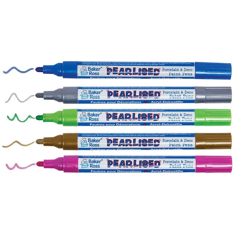 Pearlised Porcelain Paint Pens Bumper Pack (Pack of 10) 10 assorted pearlised colours - Dark Green, Yellow, Turquoise, Purple, Red, Blue, Light Green, Pink, Gold & Silver