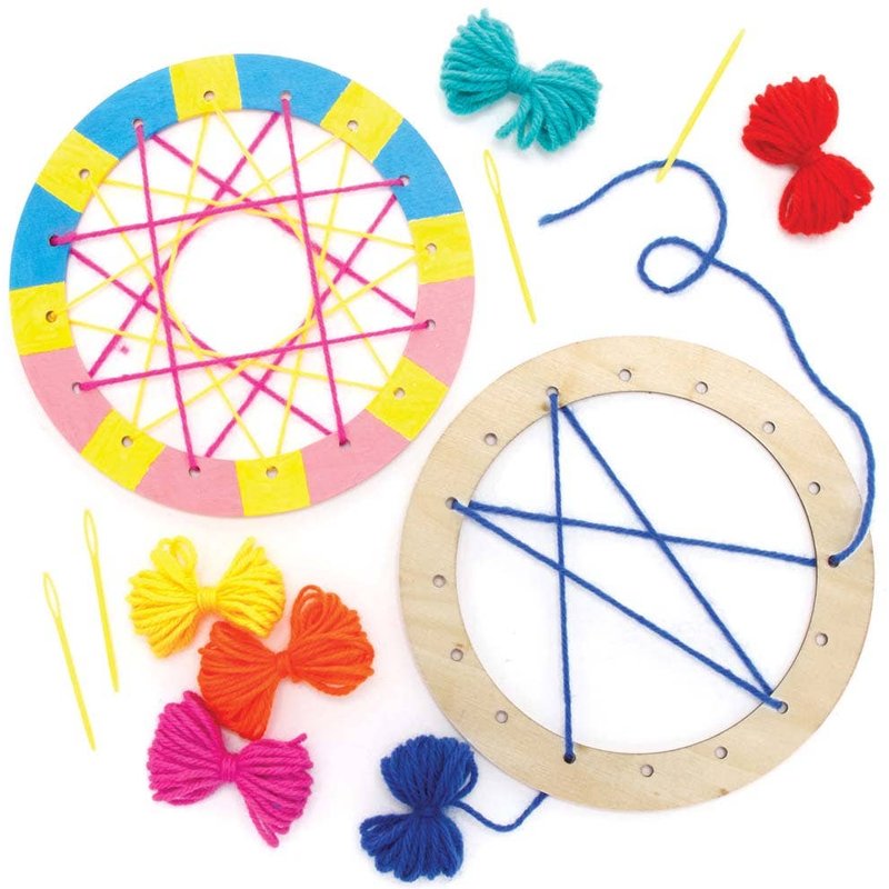 Wooden String Art Circle Kits (Pack of 5) Sewing & Weaving Craft Kits, 6 Wool Colours, 16.5cm Diameter